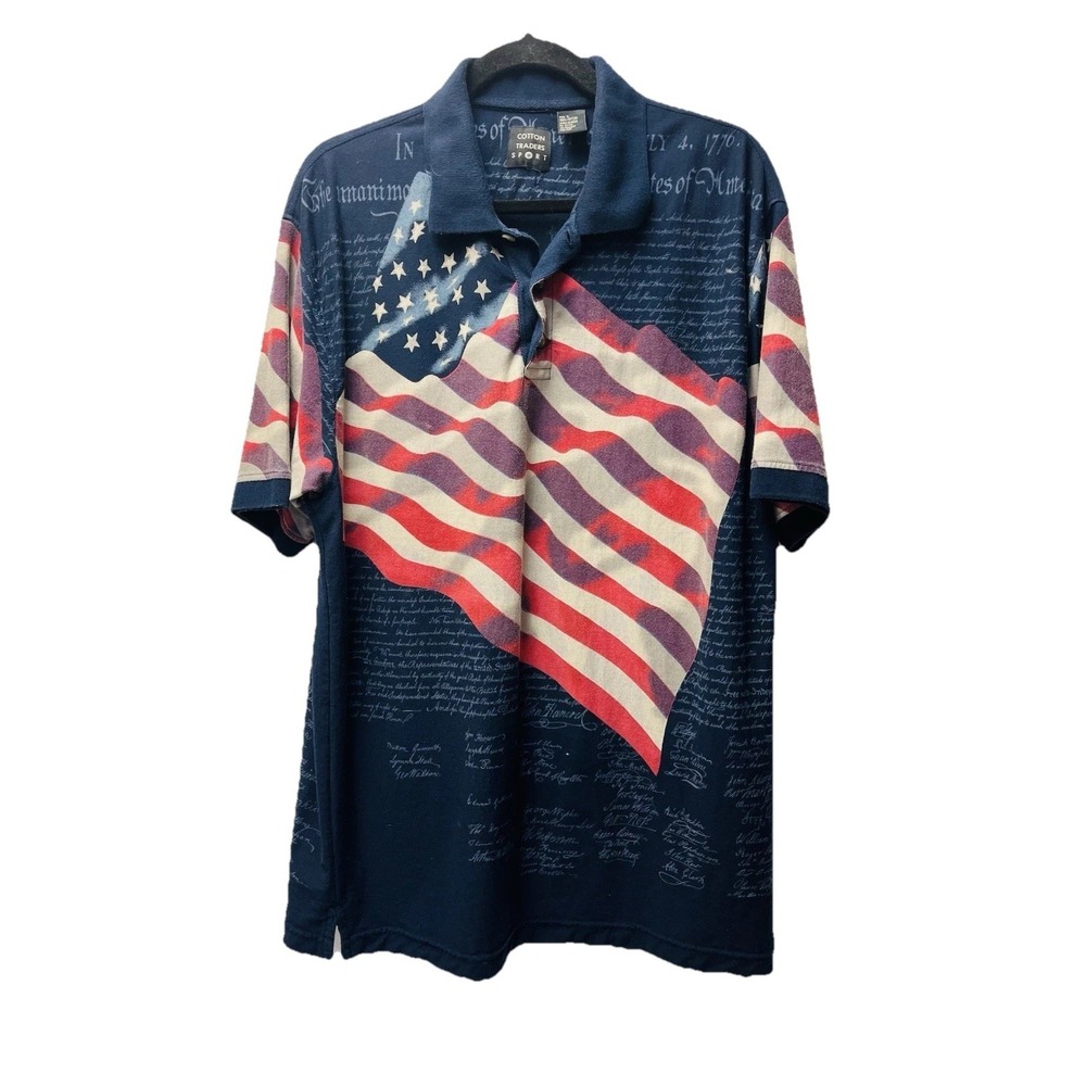 Cotton Traders Sport Polo Shirt L Men Patriotic USA Flag Declaration 4th of July